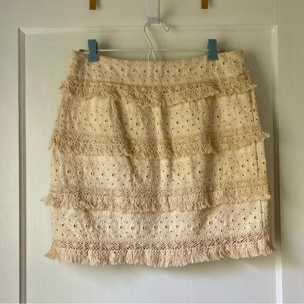 Anthropologie HD in Paris Fringe Eyelet Skirt in Cream Linen - Picture 4 of 7